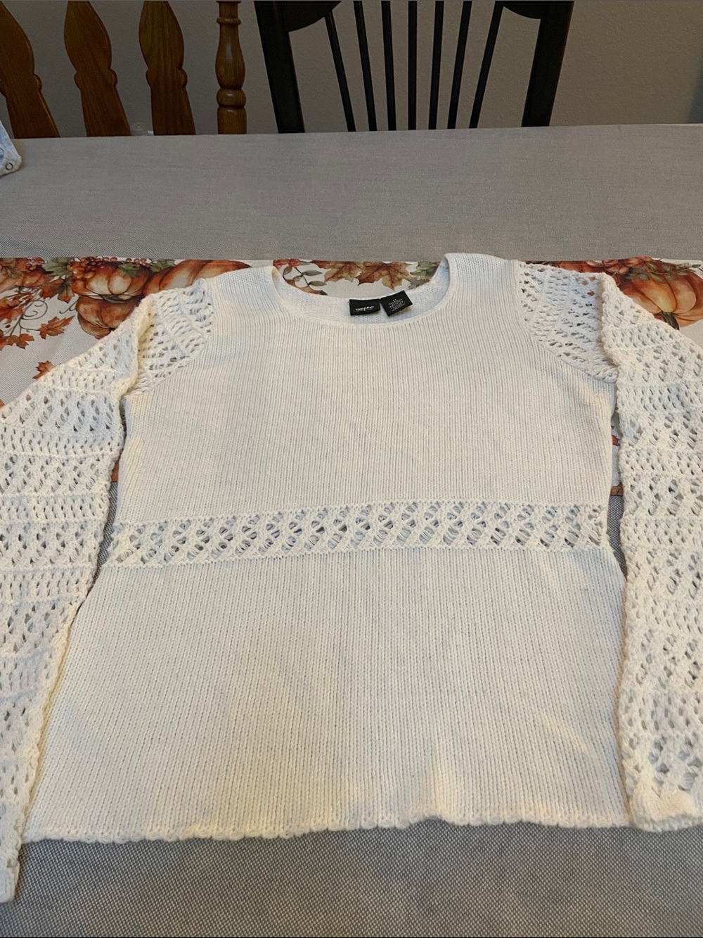 Massimo White Crochet-Detail Scoop Neck Sweater, M